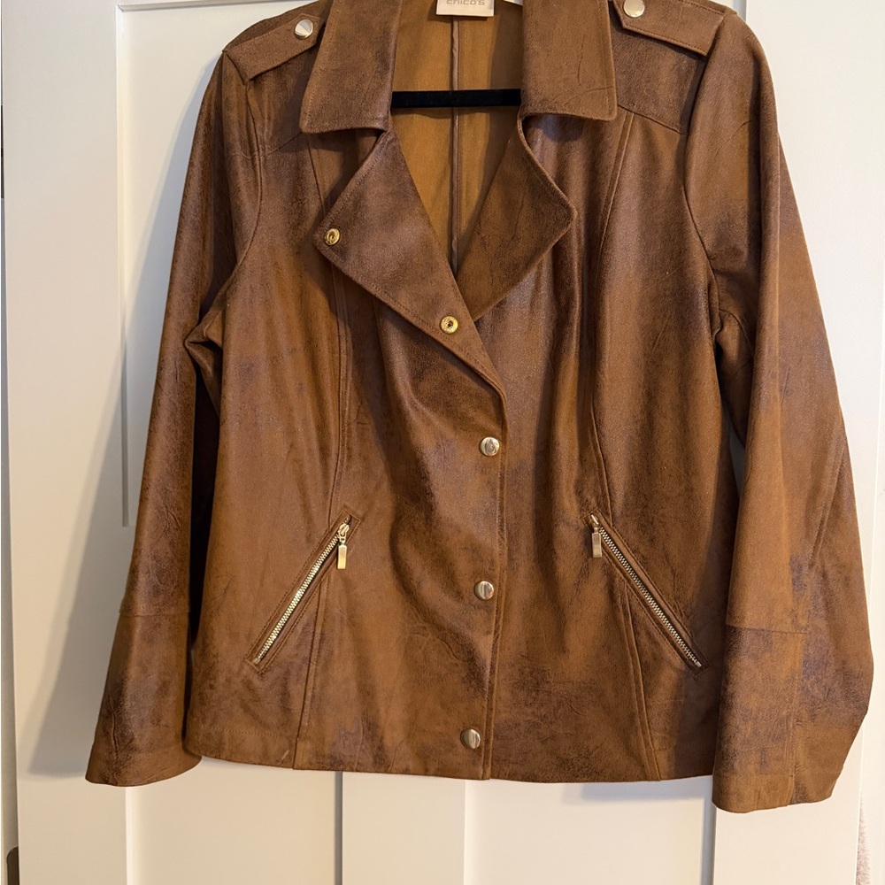 Chico's distressed tan faux Leather Jacket